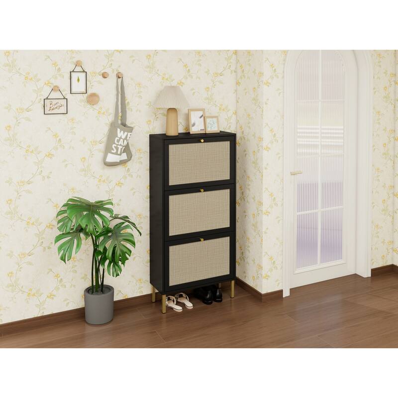 Shoe Storage Cabinet with 3 Flip Drawers, Freestanding 3-Tier Shoe Rack, Slim Shoe Organizer with Half Round Woven Rattan Doors