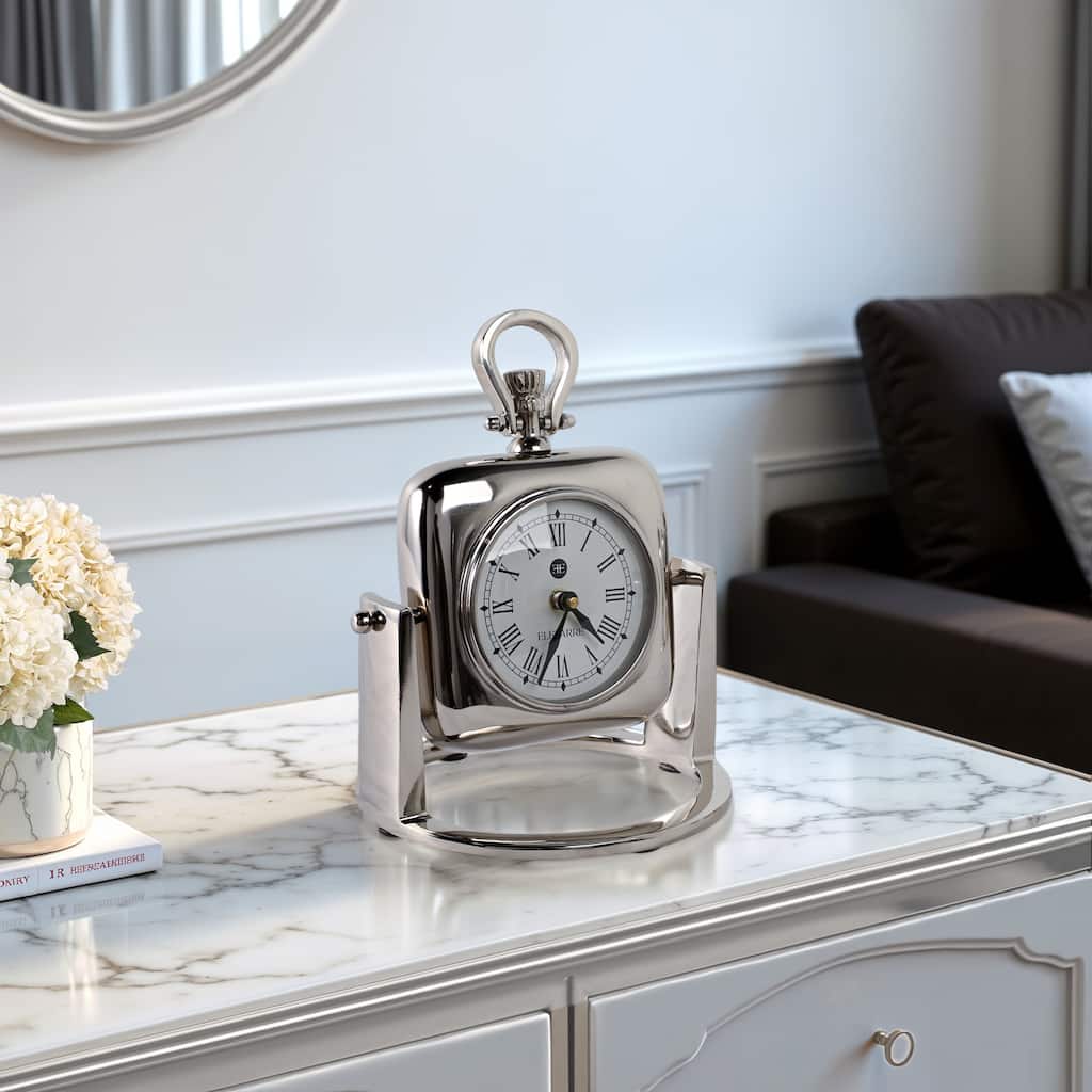 Metal Glass Desk Clock with Roman Numerals and Curved Frame Design - 7" x 7" x 9"