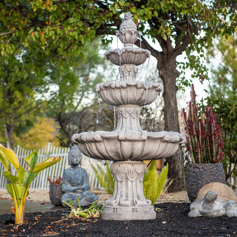 XBrand 58.3" 3-Tier Outdoor Freestanding Water Fountain, Classic Leaf Design, Gray Resin, Large Bird Bath with Pump