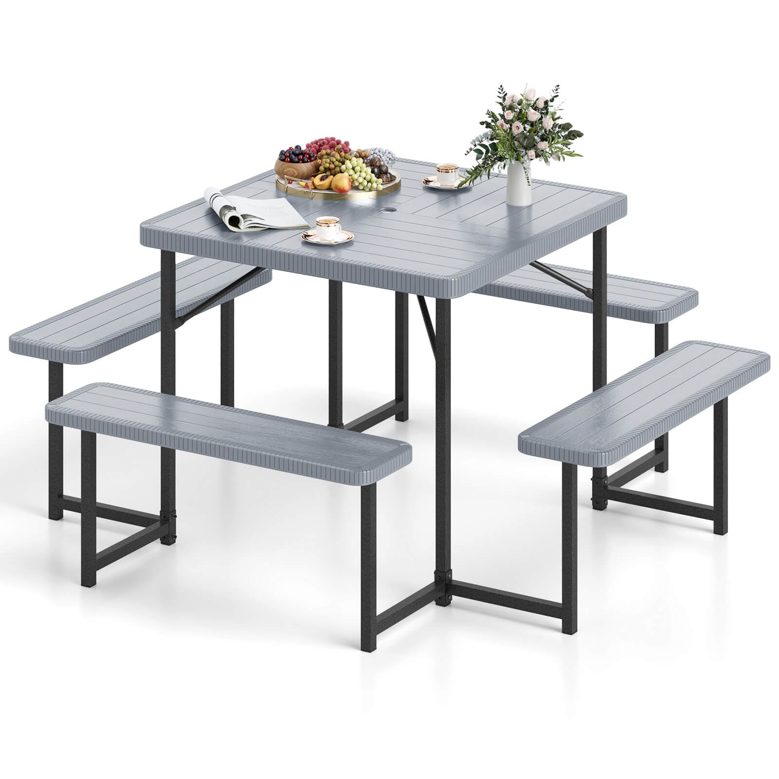 Costway Picnic Table Bench Set for 4-8 People with Umbrella Hole