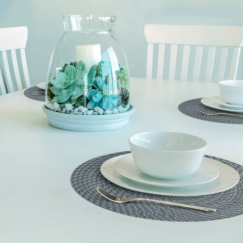 CounterArt Grey and Natural Basket Weave Design Round Reversible Easy Care Plastic Placemat Set of 4 Made in The USA