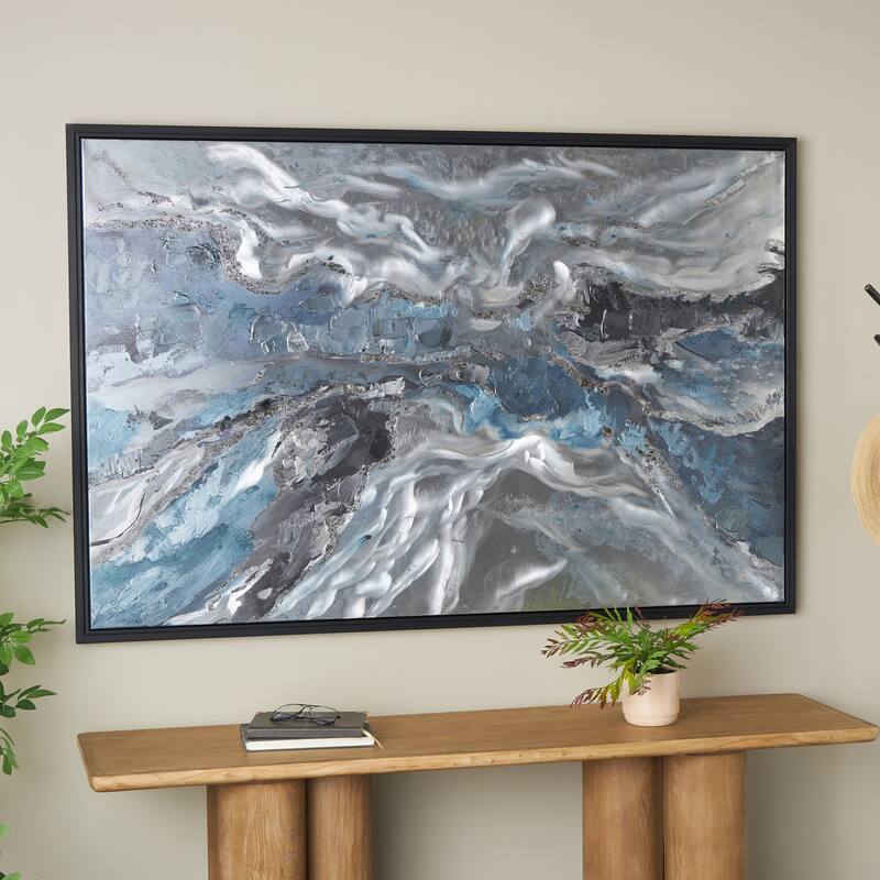 Canvas Abstract Living Room Framed Wall Art with Silver Foil Accents and Black Frame - Blue - Roche River Decor