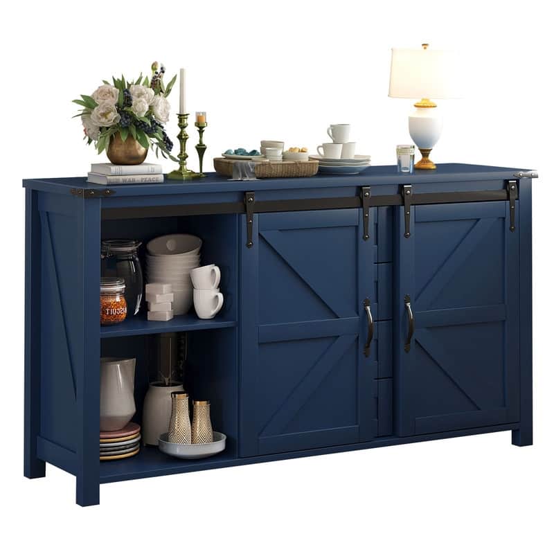 Farmhouse 55.1" Sideboard with Sliding Barn Doors and Storage Drawers, Wood Buffet Table with Power Outlet