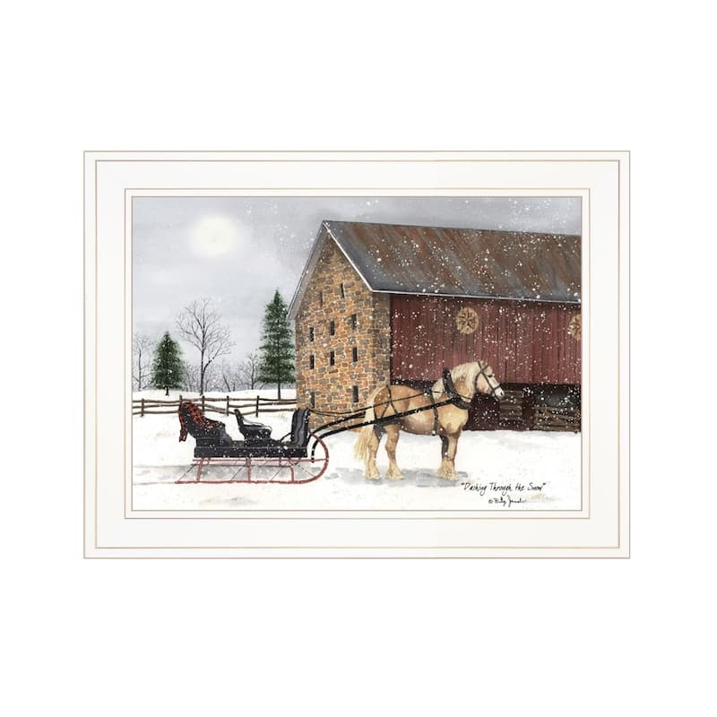TrendyDecor4U Traditional "Dashing Through The Snow" Framed Print Wall Art by Billy Jacobs - Winter Colors , White, Red - 15 x 19 - White