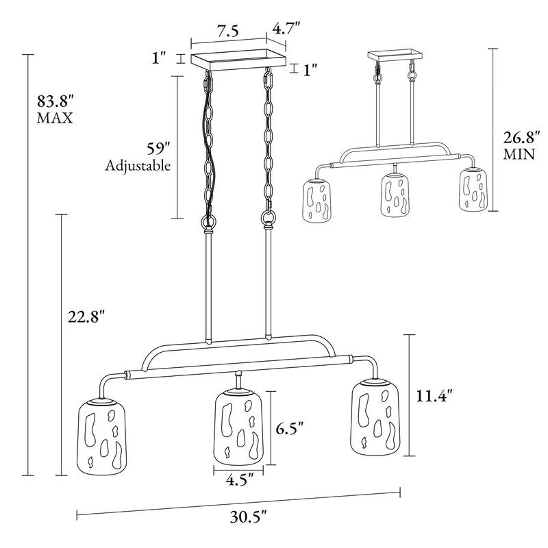 Modern 3-Light Glass Island Chandelier Linear Black Gold Pendant Lights - D 30.5" x H 22.8"