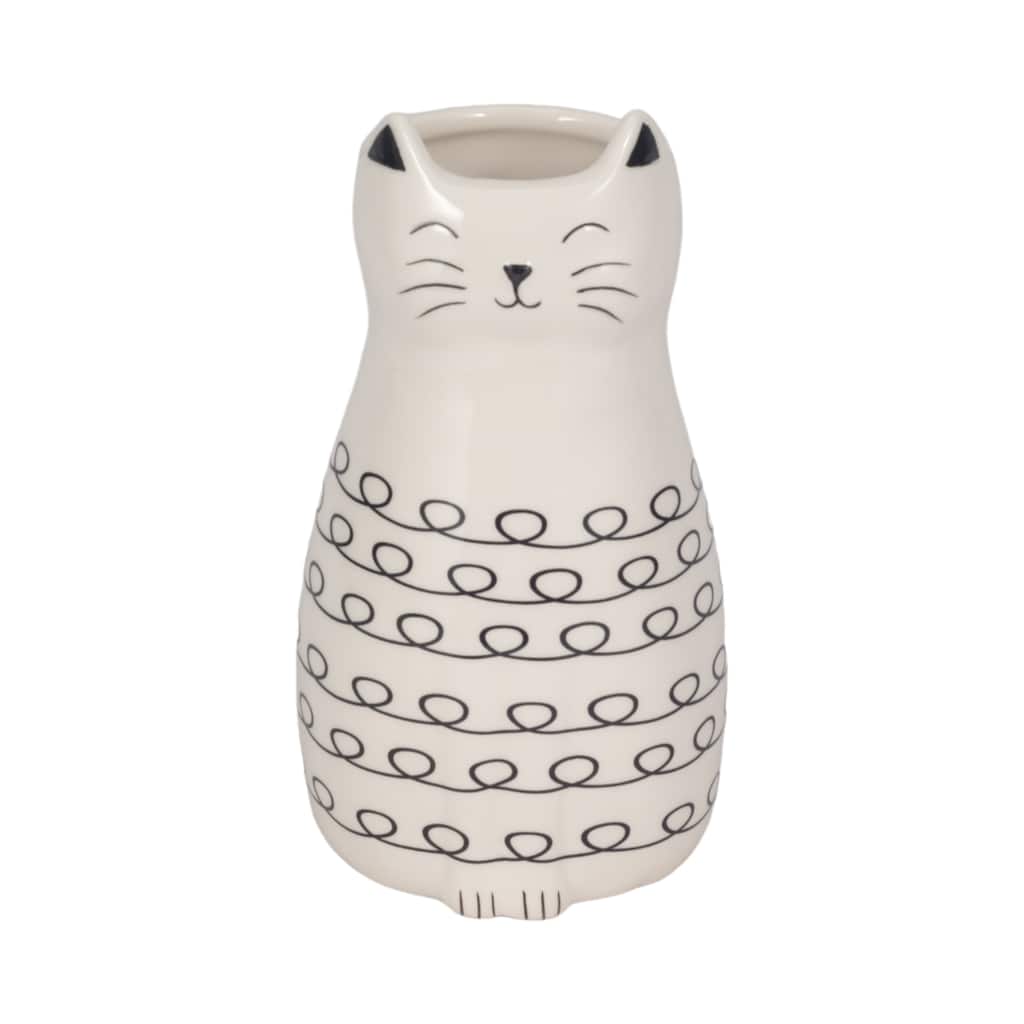 Sagebrook Home Ceramic Figurine - 7-Inch Squiggly Kitty with Unique Vase Opening, White and Black - 4" x 4" x 7"