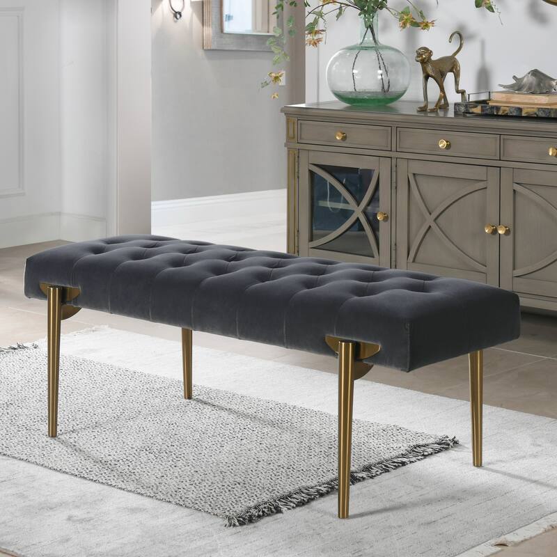 Upholstered Gold Accent Bench, Velvet, Sturdy Solid Birchwood and Plywood Frame - Grey