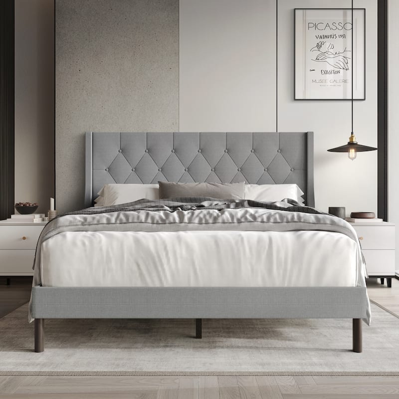 Oregon Twin Button-Tufted Upholstered Wingback Panel Bed - Queen - Grey