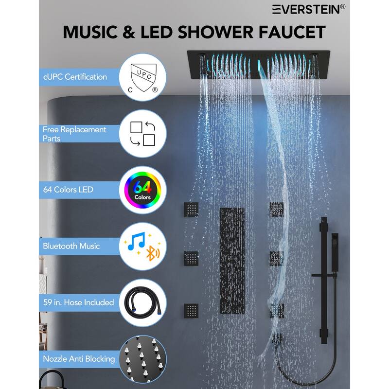 Thermostatic Shower System, 64-Color LED Mood Lighting 3-Functions Shower Head with Bluetooth Music & 6 Body Jets