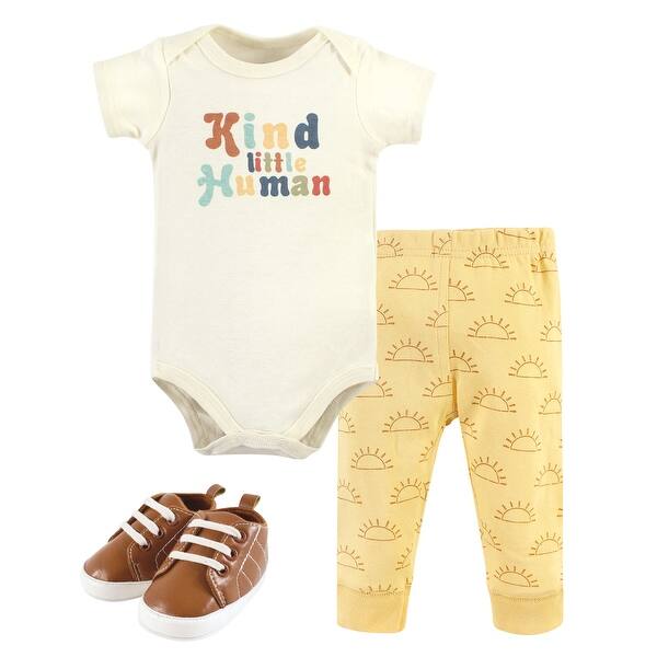 slide 1 of 1, Hudson Baby Infant Boy Cotton Bodysuit, Pant and Shoe Set, Kind Human 0-3 Months - Kind Human Short Sleeve