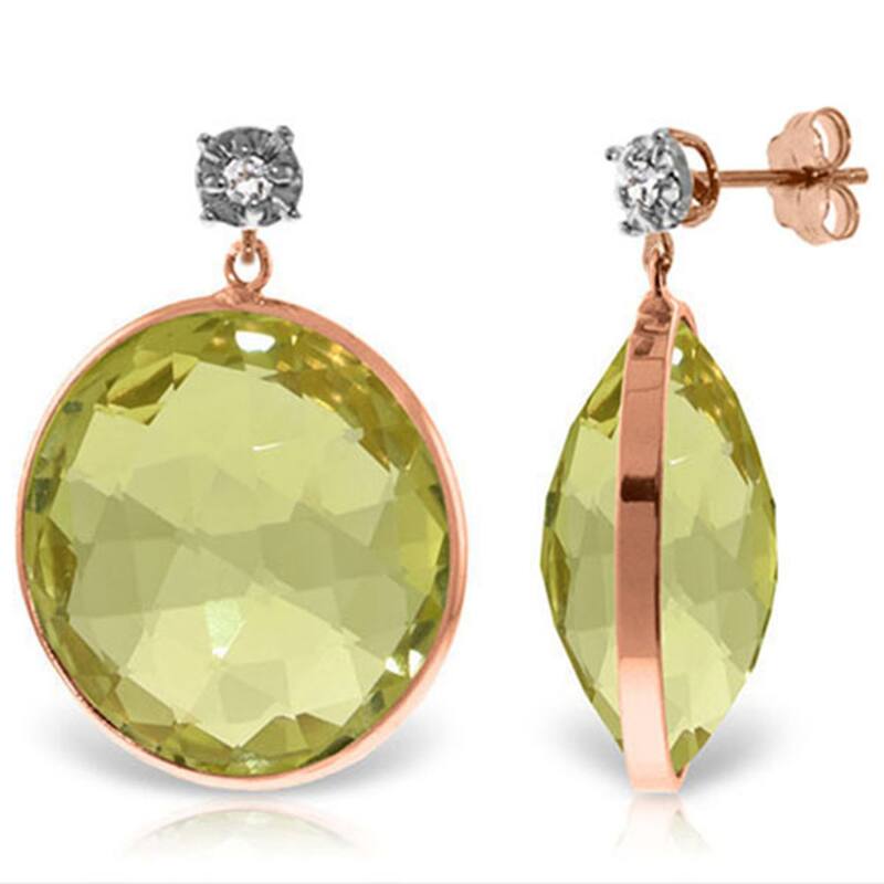 14K Solid Gold Diamonds Stud Earrings w/ Round Cut Lemon Quartz - Rose