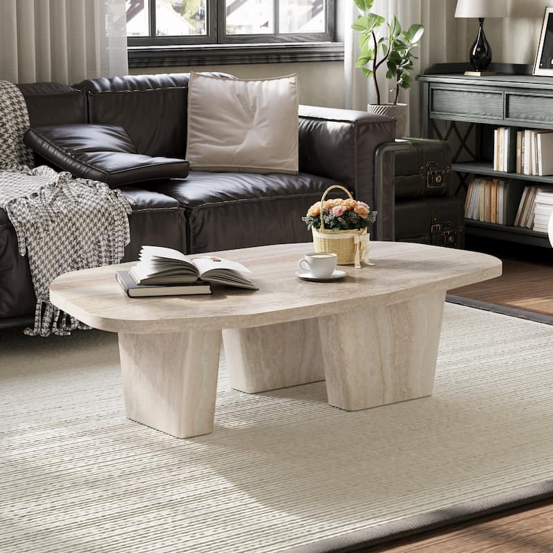 47.4" Modern Square Beige Coffee Table for Living Room with Two Legs - Wood