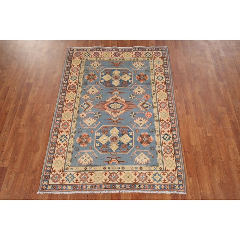 Light Blue Kazak Oriental Area Rug Hand-Knotted Bedroom Wool Carpet - 4'2" x 5'10"