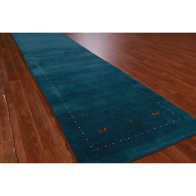 Hand Knotted Oriental 100% Wool Carpet Tribal Tribal Navy Blue & Blues Gabbeh Runner Rug - 9' 9'' X 2' 7''