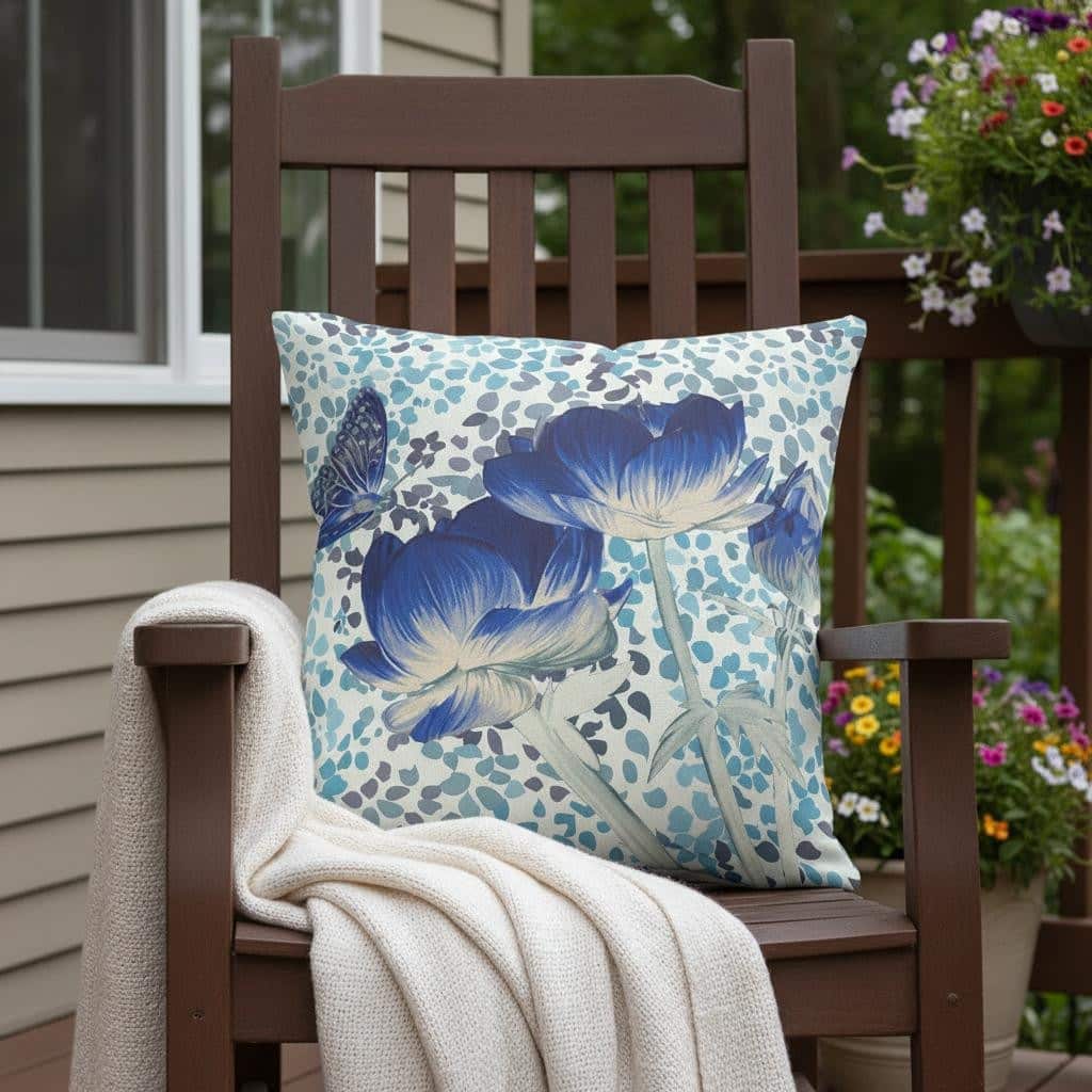 HomeRoots 20" x 20" Blue and White Butterfly Blown Seam Floral Indoor Outdoor Throw Pillow - 20.00' X '5.00' X '20.00