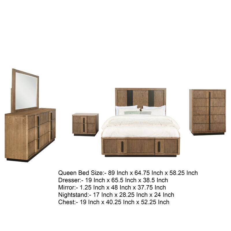 Reon 5pc Queen Bedroom Set with Storage, Ash Brown Fluted Panel