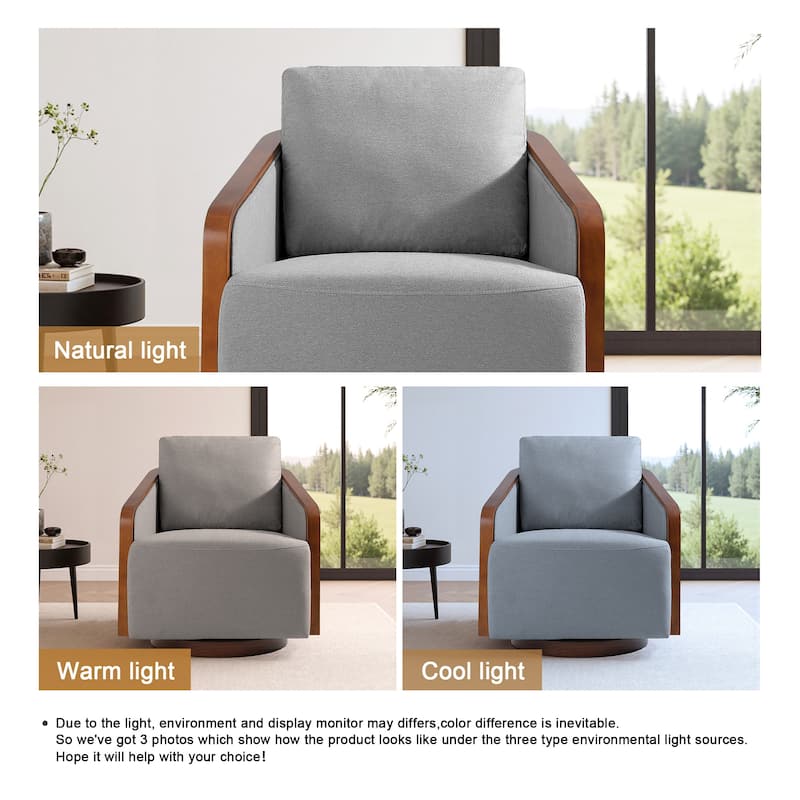 Upholstered Swivel Barrel Chair with Curved Wood Arms