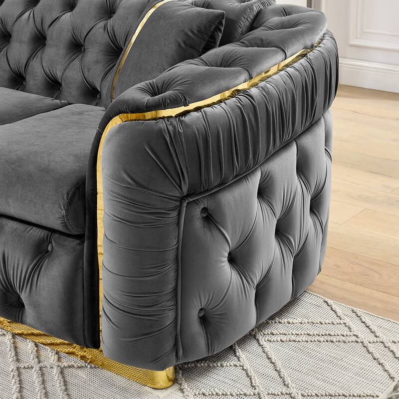 90.6" Velvet 3-Seater Sofa with 2 Pillows High-Density Cushions, Gold Accents, and Pillows