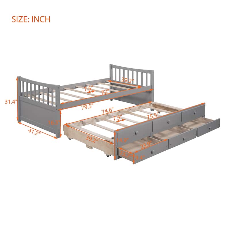 Daybed with Trundle and 3 Drawers, Solid Wood Twin/Full Daybed with Storage, Space-Saving Guest Bed