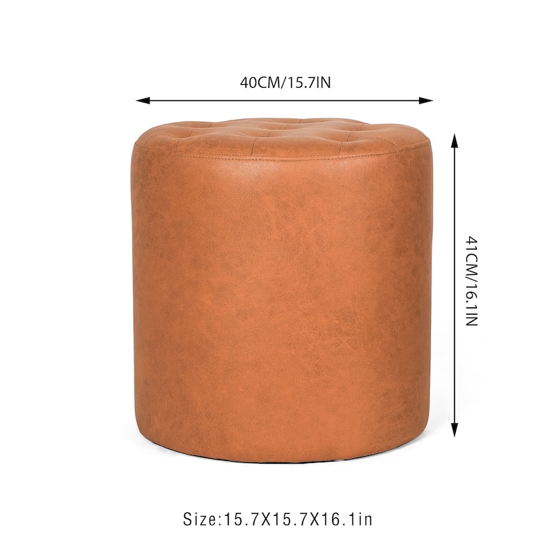 Adeco Round Ottoman Upholstered Tufted Faux Leather Footrest