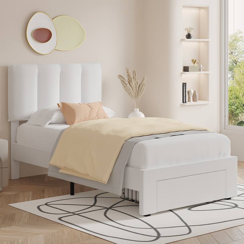 VECELO Set of 2 Kids Bed Frame with Storage Drawer Height Adjustable Upholstered Bed Twin Size Bed