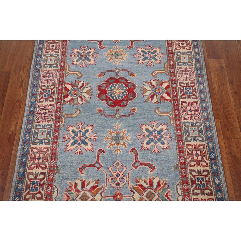 Light Blue Geometric Kazak Accent Rug Hand-Knotted Wool Carpet - 2'11" x 4'11"
