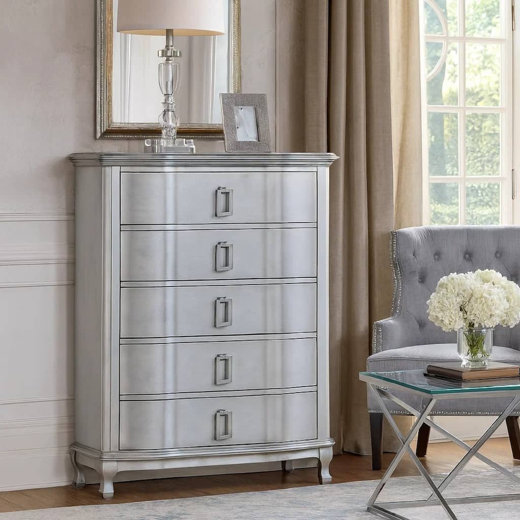 Contemporary 5 Drawer Wooden Chest with Rectangle Knobs, Silver