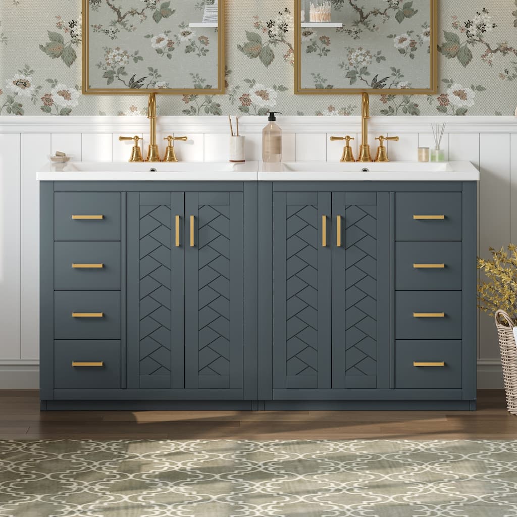 Roomfitters 60" Bathroom Vanity with Ceramic Sink, Solid Wood Freestanding Cabinet with Drawers & Soft-Close Doors