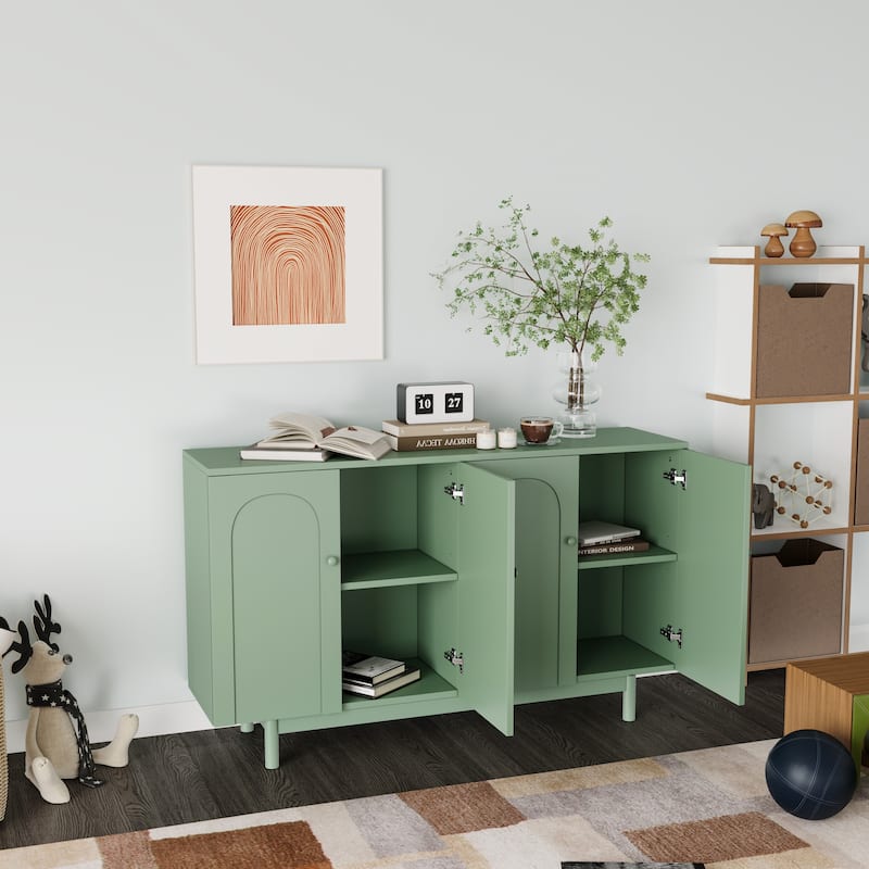 Stylish and Functional 4-Door Intaglio Storage Cabinet with Wood Legs
