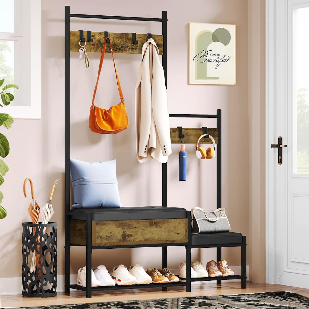 Entryway Bench with Coat Rack 4-in-1 Hall Tree and Bench