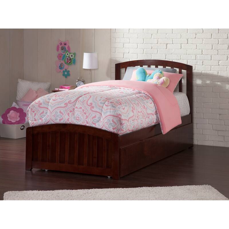 Full Platform Bed with Trundle - Coastal Style Bedroom Furniture - Walnut Finish - Twin Size - HomeStock