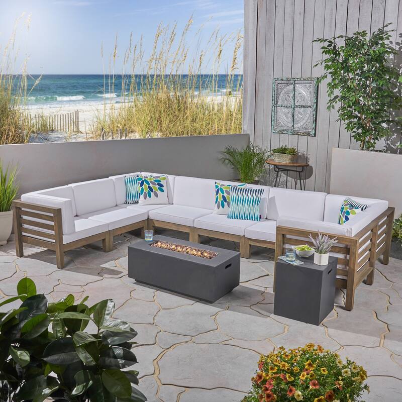 Oana Outdoor U-shaped 8-seat Acacia Sectional Sofa Set w/ Fire Pit by Christopher Knight Home