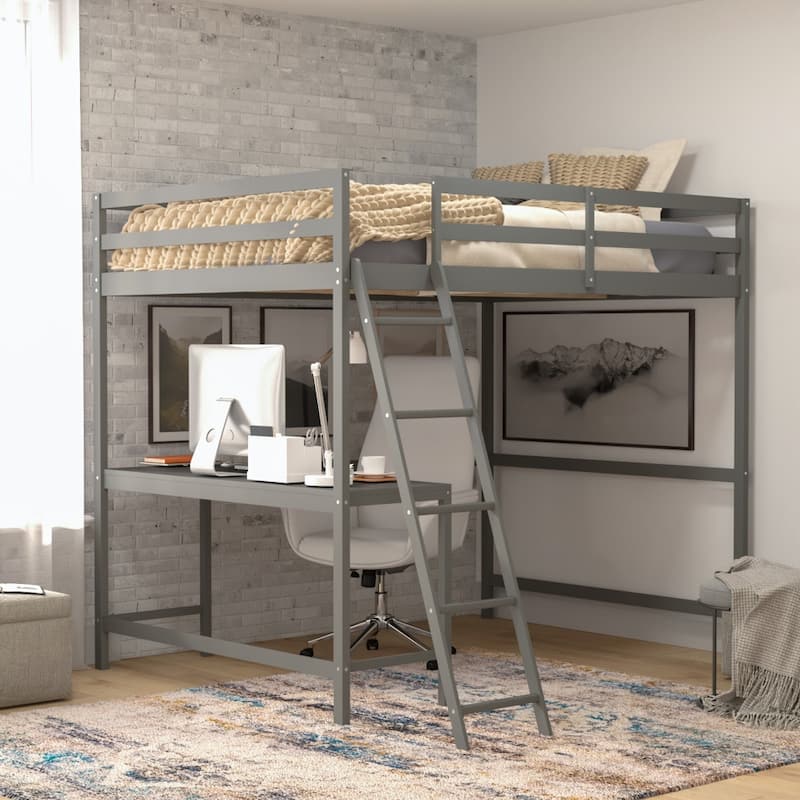 Traditional Wood Slat Loft Bed with Integrated Desk & Ladder - Light Gray - Full