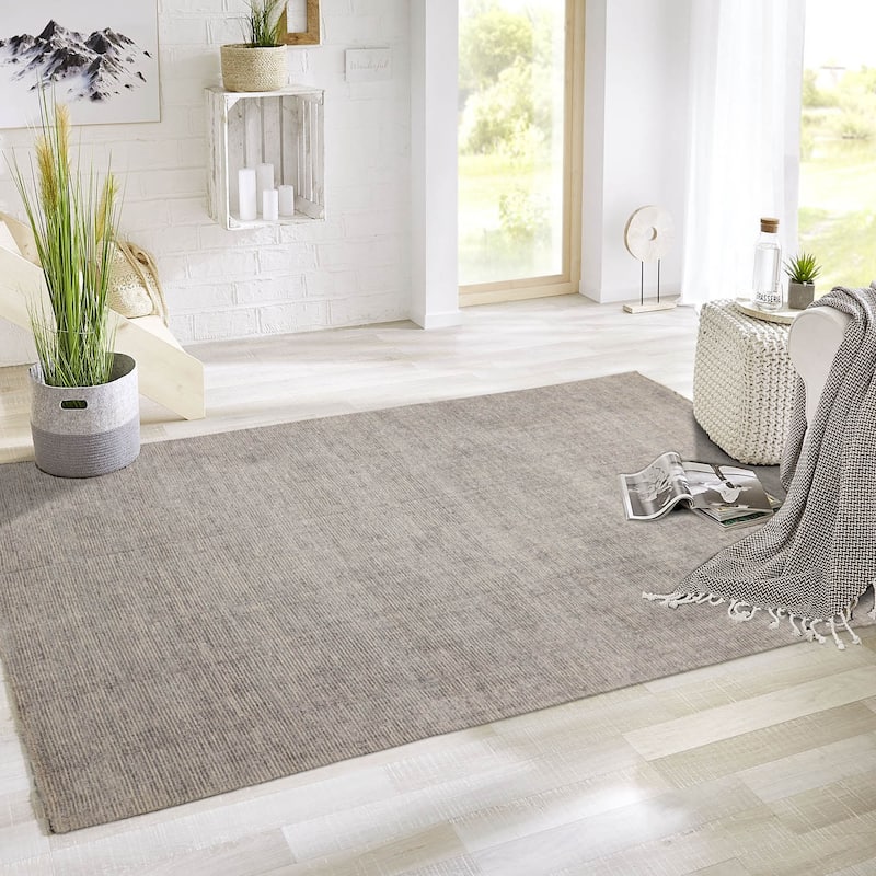 LoomBloom Taupe Modern Ribbed 100% Wool Oriental Area Rug - 5' 3'' x 7' 7''