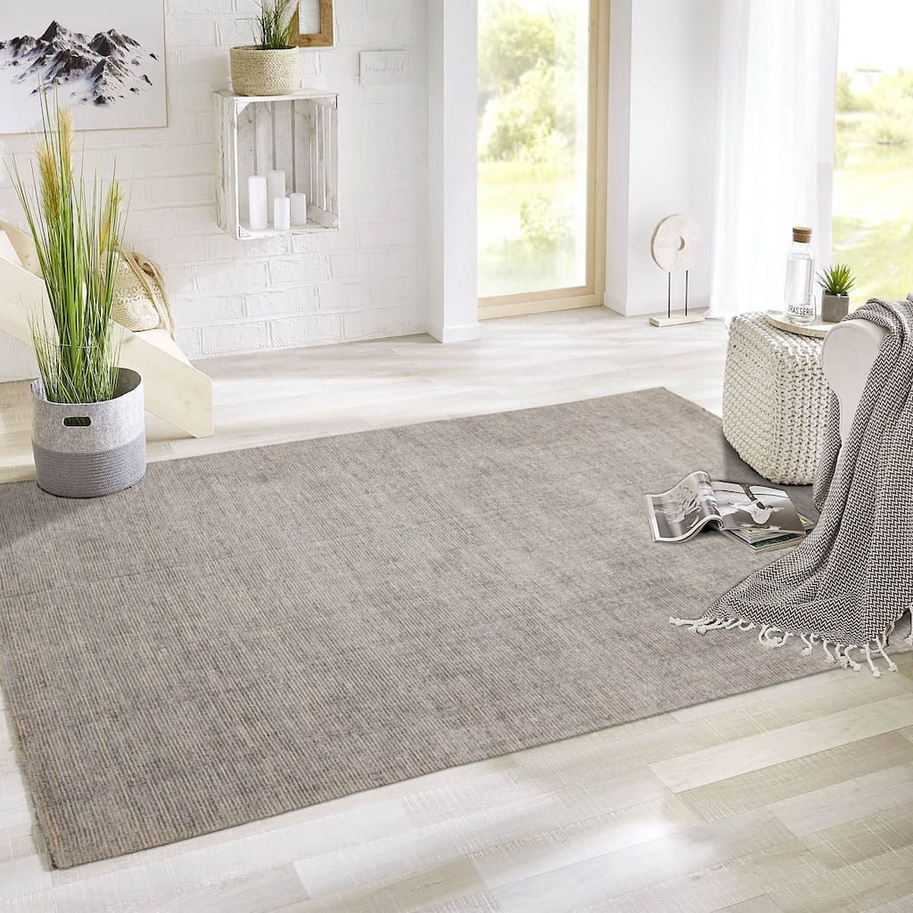 LoomBloom Taupe Modern Ribbed 100% Wool Oriental Area Rug - 5' 3'' x 7' 7''