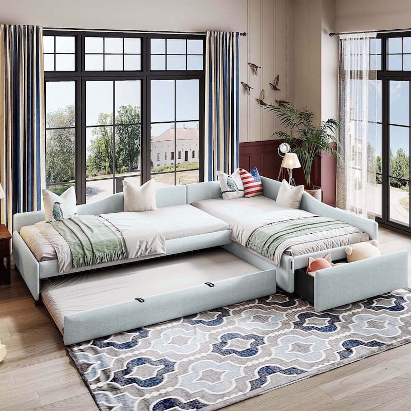 Beige Upholstered Twin Size Daybed with Trundle Bed and Drawers Corner Double Bed L-shape Sofa Bed Frame for Multiple - Beige - Twin