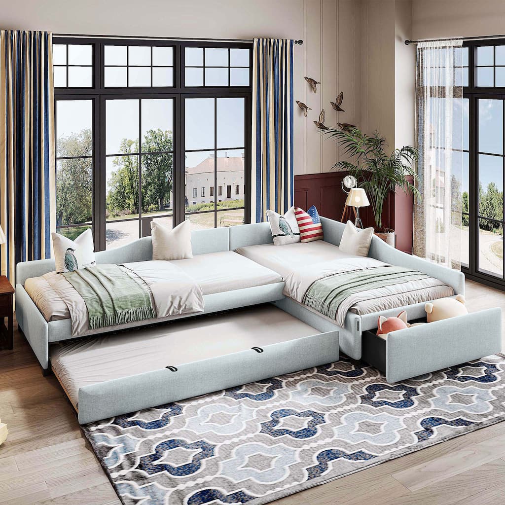 Beige Upholstered Twin Size Daybed with Trundle Bed and Drawers Corner Double Bed L-shape Sofa Bed Frame for Multiple