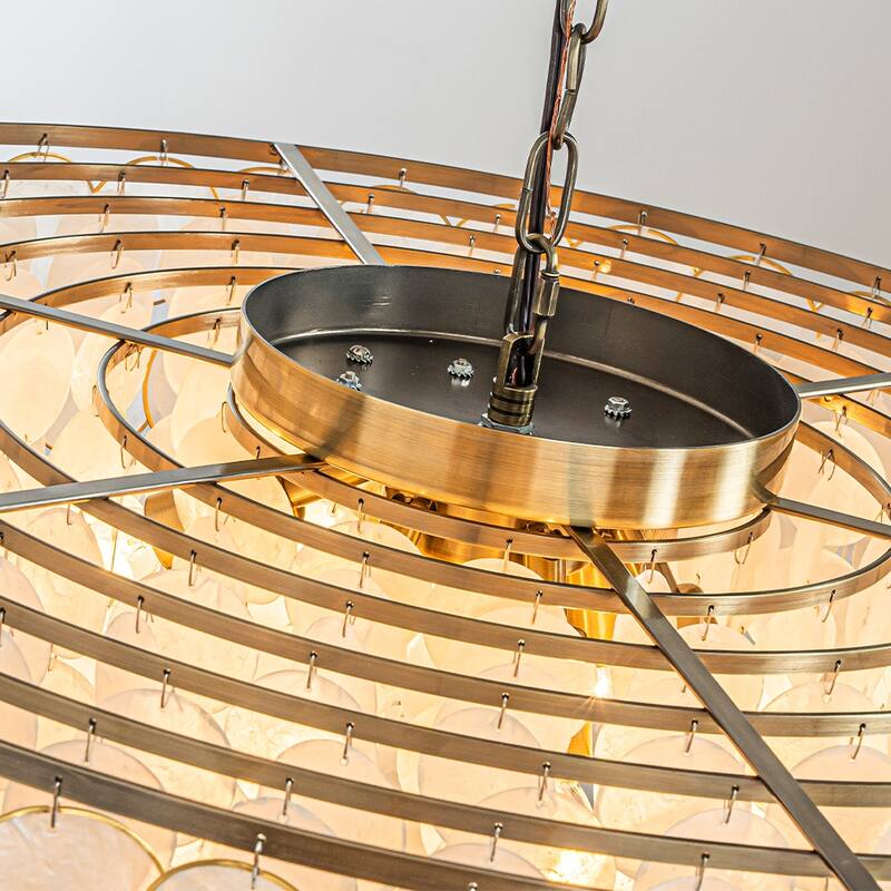 Wide Modern Coastal Aged Bronze Natural Capiz Shell Tiered Chandelier Vintage Glam Pendant For Living Room