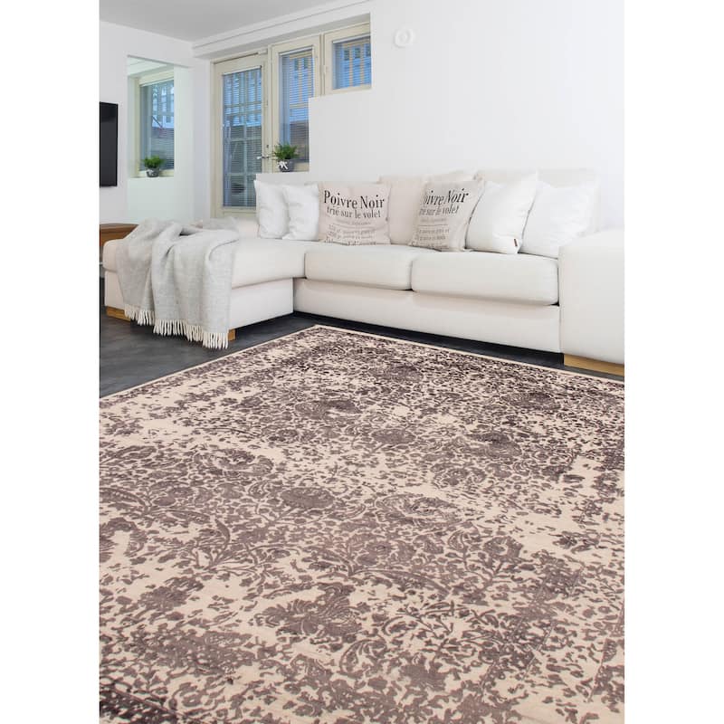 ECARPETGALLERY Hand-knotted Heritage Cream, Dark Grey Silk, Wool Rug - 8'7 x 11'10