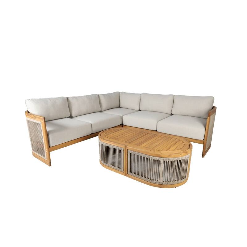 Modern Outdoor Modular Woven Conversation Sofa Set with Acacia Frame and Oval Coffee Table