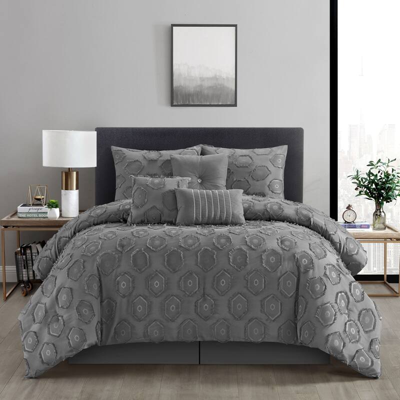 Nanshing Tammy 3D Geometric Pattern 7 Piece Comforter Set - Grey - Queen