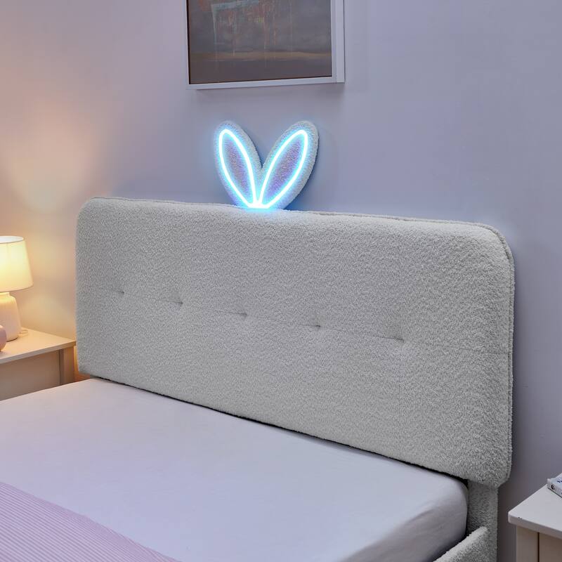 Queen Size Boucle Upholstered Bed with Rabbit Ear Headboard, LED Music Sync & 4 Drawers