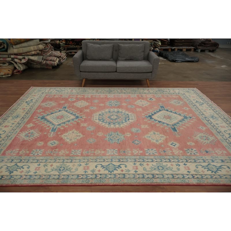 Hand Knotted Oriental 100% Wool Carpet Traditional Geometric Pink Kazak Area Rug - 10' 11'' X 8' 4''