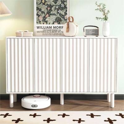 Shoe Cabinet with 4 Fluted Doors, Large Capacity Wood Storage Cabinet, Buffet Cabinet with Adjustable Shelves & Solid Wood Legs