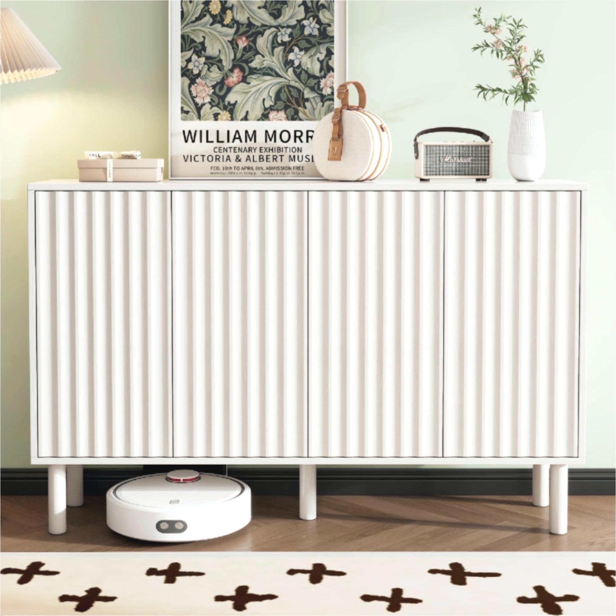 Shoe Cabinet with 4 Fluted Doors, Large Capacity Wood Storage Cabinet, Buffet Cabinet with Adjustable Shelves & Solid Wood Legs