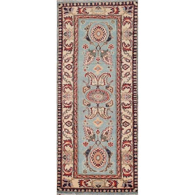 Light Blue Floral Kazak Oriental Runner Rug Hand-Knotted Wool Carpet - 2'1" x 5'11"