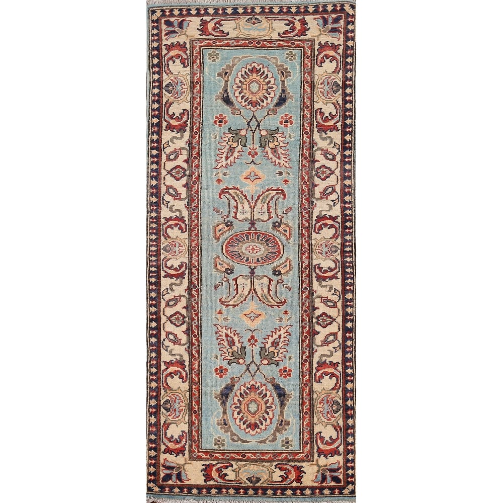 Light Blue Floral Kazak Oriental Runner Rug Hand-Knotted Wool Carpet - 2'1" x 5'11"
