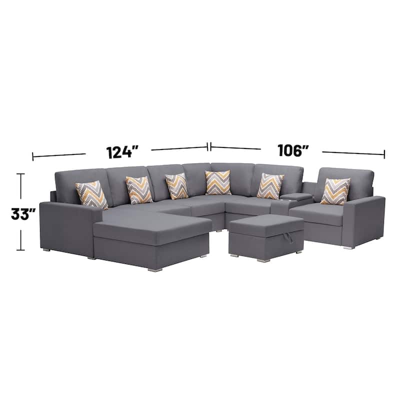 Linen Fabric 8 Piece U-Shaped Reversible Chaise Sectional Sofa with Interchangeable Legs and 6 Pillows