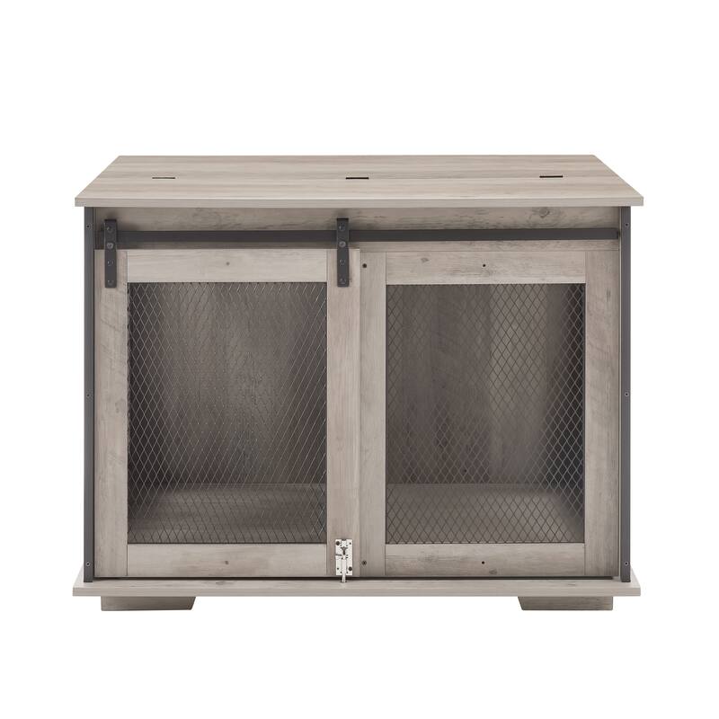 Flip-Top Plate Dog House Dog Cage Crate Furniture with Sliding Barn Door, Dog Kennel End Table with Detachable Divider