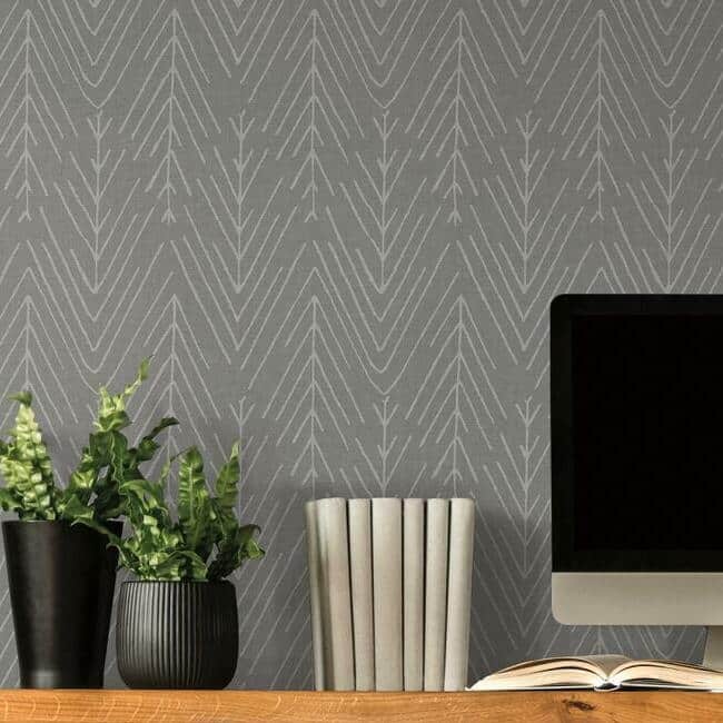 RoomMates Twig Hygge Herringbone Peel and Stick Wallpaper Grey Bed